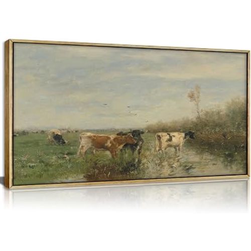 Large Wood Framed Vintage Cows Wall Art,Farm Field Landscape Canvas Print,Valley cattle herd Nature Country Painting,Picture Bedroom Wall Decor Gifts for Friends or Family