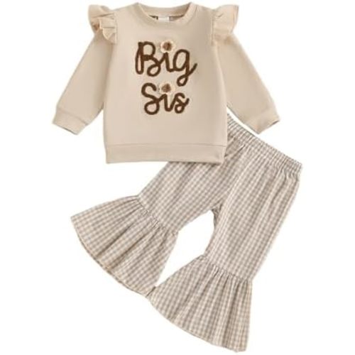 Toddler Baby Girl Clothes Big Sister Little Sister Matching Outfits Striped Waffle Flying Sleeve Fall Winter Set