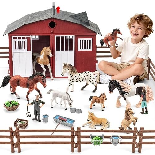 THINKBAY 47PCS Solid Horse Toy Stable with Handle, Farm Animal Barn Toys
