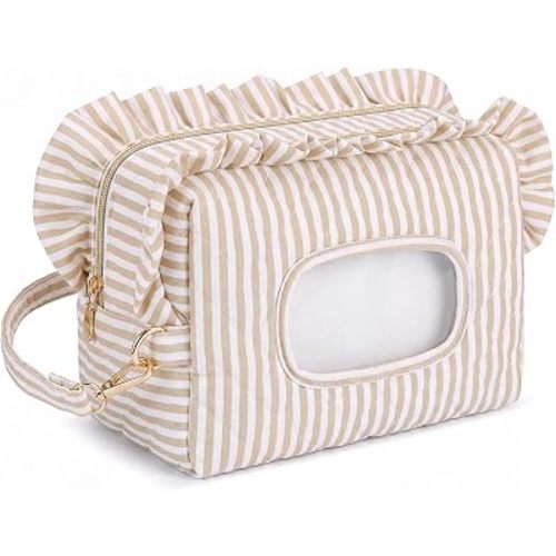Aliceset Beige Stripe Ruffle Diaper and Wipe Pouch Baby Wipe Holder