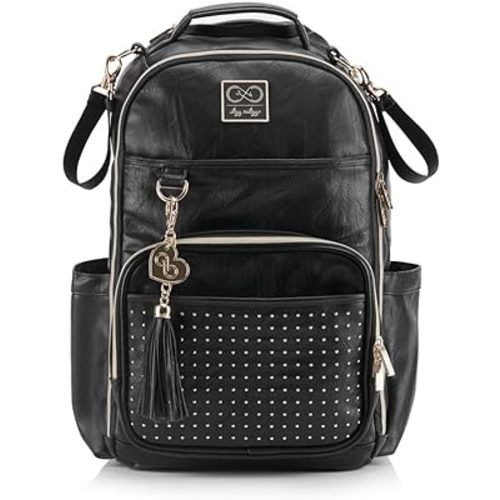 Itzy Ritzy Chelsea + Cole Diaper Bag Backpack - Studded Boss Backpack Diaper Bag Includes 19 Pockets, Changing Pad, Stroller Clips & Tassel; Black with Sweetheart Print Interior & Gold Hardware