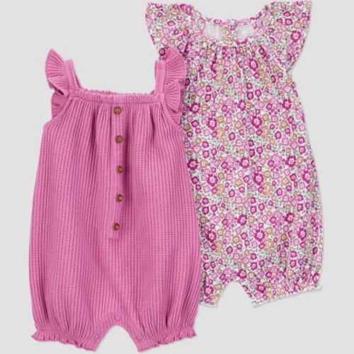 Carter's Just One You® Baby Girls' Floral Geo 2pk Romper - Purple 6M: Sleeveless Crew Neck, Elastic Leg Openings
