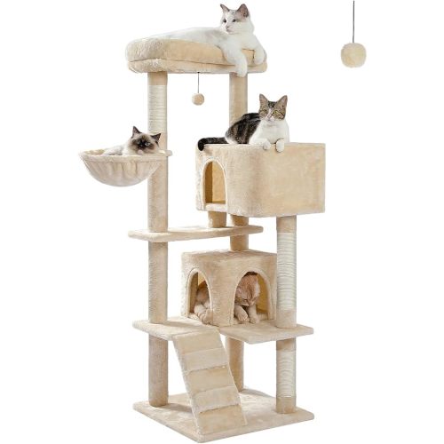 PEQULTI Cat Tree for Large Cats with Large Top Perch, [56.3''=143cm] Multi-Level Tower for Cats with Sleeping Bag, Cat Shelves with Scratching Posts and 2 Condos Houses, Beige,Sleeping Tree