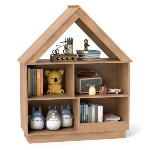 Costway Wooden Kids Dollhouse Bookshelf with Open Shelves Anti-toppling System Bookcase Natural