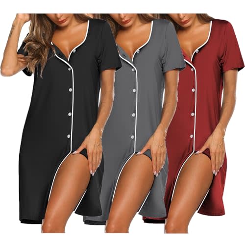 Ekouaer Nightgowns for Women 3 Pack Sleep Shirts Button Down Pajama Dress Short Sleeve Nightshirt Sleepwear Nightdress