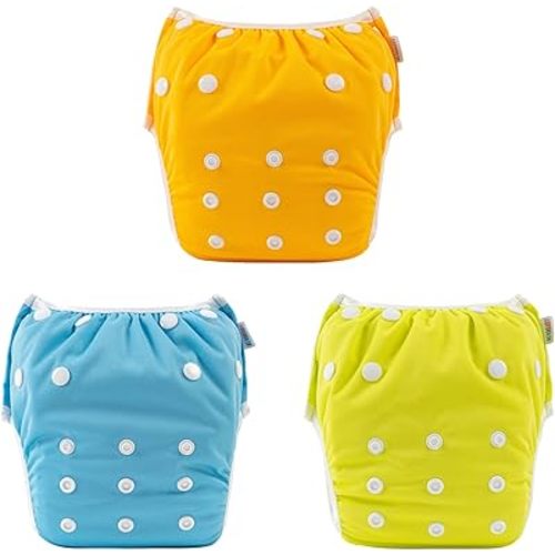 ALVABABY Baby Swim Diapers 3pcs One Size Reuseable Washable & Adjustable for Swimming Lesson & Yellow Orange Blue 3SWY19