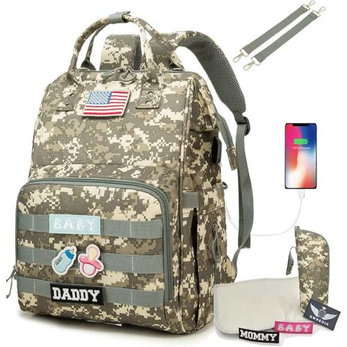 Diaper Bag Backpack for Dad and Mom with USB Charging Port Stroller Straps and Insulated Pocket,army military Travel Nappy Backpack for Daddy/Mommy (Camo)