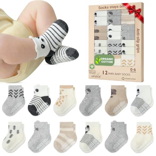 GOTS Certified Organic Cotton Infant Baby Socks 12 Pair For 0-6 (M) Baby Boy Soft, Stretchable & Comfortable Infant Socks Premium Cotton Animal Design Socks, Gift for Newborn Boys, Brown