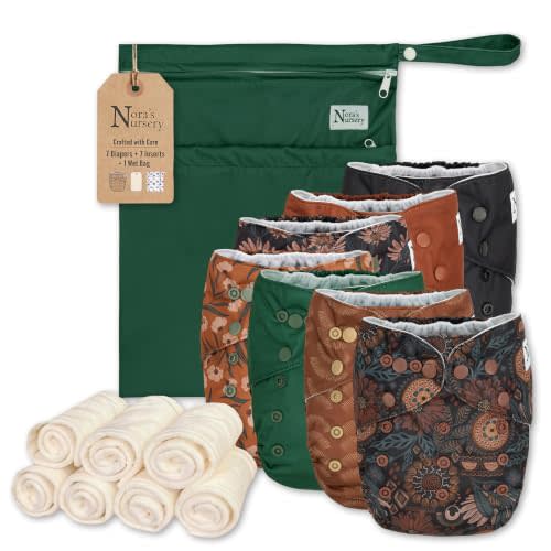 Nora's Nursery Cloth Diapers | 7 Pack | Waterproof,Reusable and Washable | One Size Adjustable Pocket Diapers | Includes 7 Inserts And 1 Wet Bag | For Newborns And Toddlers | Dahlia