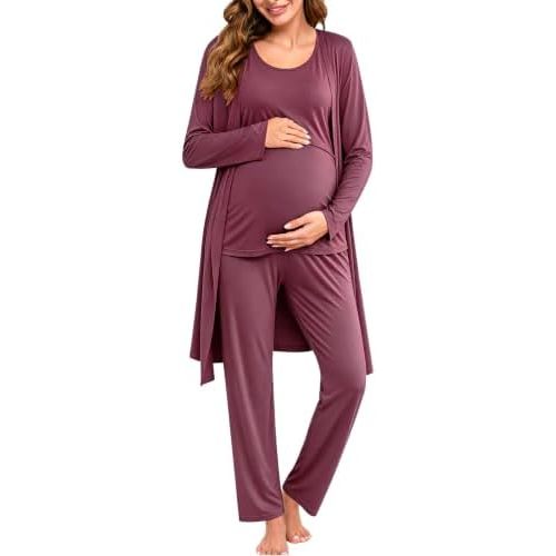 SWOMOG Maternity Nursing Robe Set 3 PCS Women Postpartum Pajamas Breastfeeding Labor Delivery Hospital Pregnancy Pjs