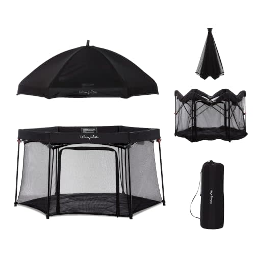Dream On Me Onyx Baby Playpen Set with Removable Canopy, Black | Half Sun Shade Half Mesh Blocks Up to 98% UV, Padded Floor, Carry Bag Included, Folds Flat for Indoor and Outdoor Use