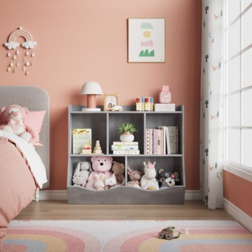 Wooden 3-Tier Kids Bookcase and Toy Organizer, 5-Section Storage Rack for Books and Toys, Toddler Cabinet & Footboard, Ideal for Nursery, Playroom