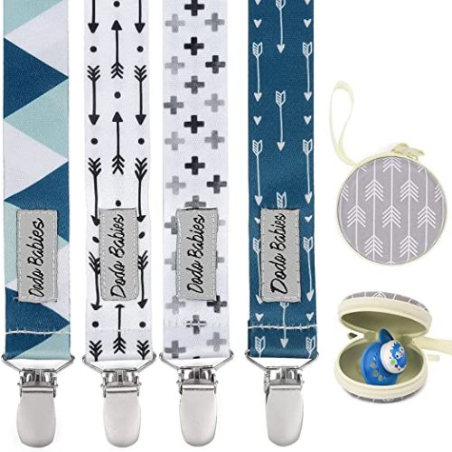 Dodo Babies Pacifier Clip Set - Universal Holder & Pacifier Holder - Detachable Binky Case & Binky Clip - Durable Polyester Straps - 5-Piece Set, Blue/White/Grey Geo Prints