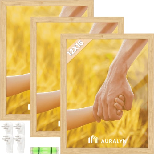 AURALYN 12x16 Picture Frame Set of 3 – Wood Grain, Finger-Friendly, Easy to Hang, Includes Hanging Kit (Wood Frames, 3 Pack)