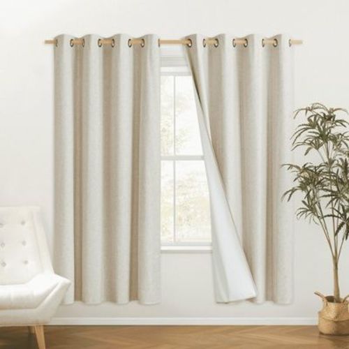 NICETOWN Blackout Noise Reducing Curtains, Linen Texture Grommet Window Treatments with Thermal Insulated Liner, 42W x 63L, Light Beige