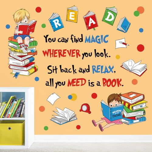 decalmile Reading Books Wall Decals Inspirational Quotes Polka Dots Wall Stickers Kids Room Classroom School Library Wall Decor