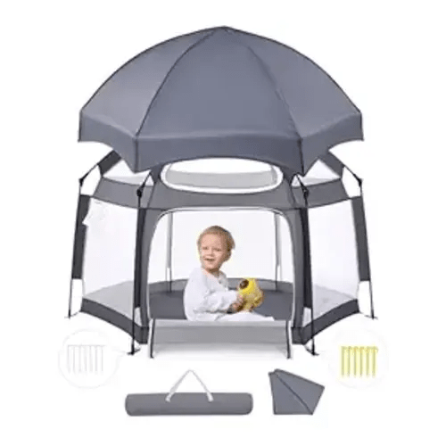 Babelio Baby Playpen with Canopy, Pop up Toddler Tent, Travel/Nap, Indoor and Outdoor, Portable&Foldable, Beach Tent, Sun Protection, Double-Door, One-Touch Storage - Grey