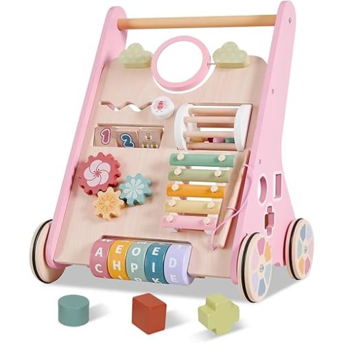 Wooden Baby Walker Wheels,Baby Push Walker for Babies 10 Months+ Montessori,Toddler Walker Push Toy Wooden Activity Walker for Boy,Walking Toys 12 Months+ Learning to Walk