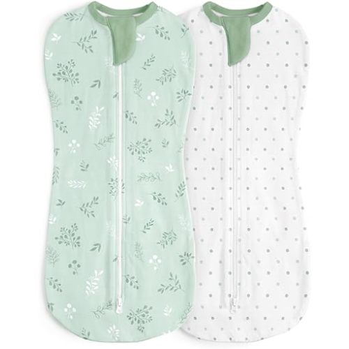Baby Swaddle 0-2 Months, Cotton Arm-In Zipper Sleep Sack, Wearable Blankets Wrap for Newborn Infant Girls, Boys (Green Leaves, Polka Dots, Pack of 2)