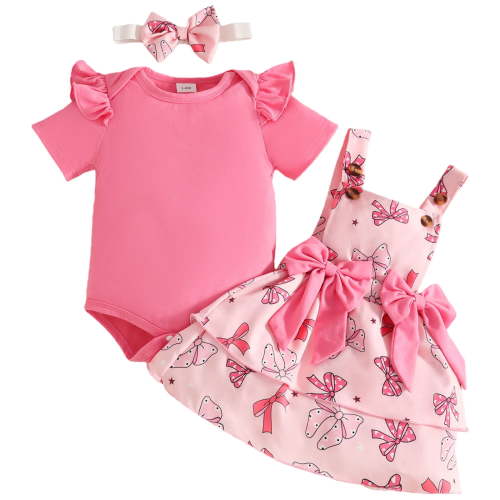 Baby Girl Clothes 3-6 Months Baby Girl Summer Skirt Set Newborn Overall Dress Bow Ruffle Sleeve Ribbed Romper Suspender Skirts 3Pcs Outfits,Hot Pink