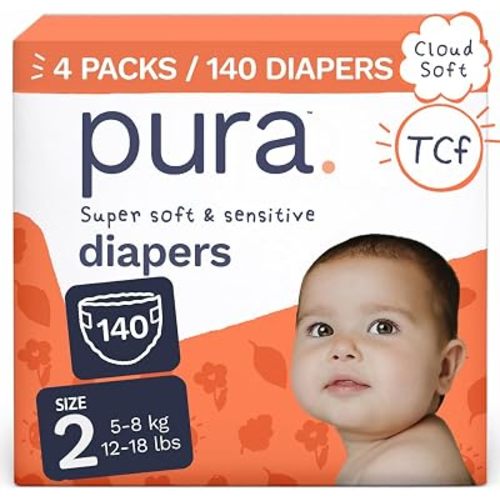 Pura Baby Diapers Size 2 (12-18 lbs) 140 Count Sensitive Skin