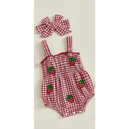 Red White Check Romper Embellished with Crocheted Strawberries, Gathered Straps and Snap Crotch, Hair bow/band  Last three in stock. Cute