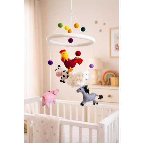 Felt Farm Animal Baby Mobile: Handmade Sheep Wool Nursery Decor