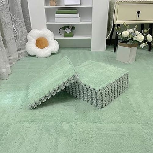 Thickened Soft Plush Foam Interlocking Floor Carpet Mat, 24 Pcs 12x12x0.4 Inch Fluffy Square Puzzle Foam Carpet Tiles with Edgings(Color:Green 2)