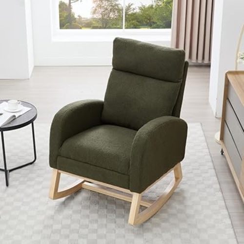 Nursery Glider Rocker Chair with Ottoman/Foot Rest, Upholstered High Back Nursing Rocking Chair for Mom, Side Pocket Accent Chair for Living Room (Green + Teddy + Foam-1)