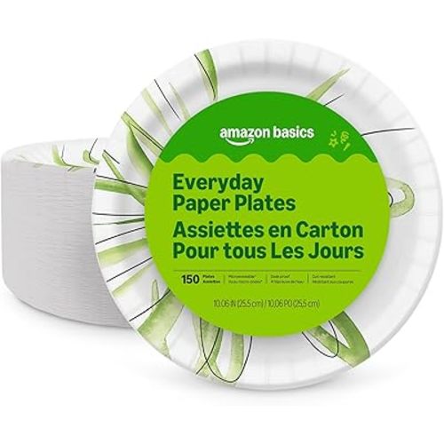 Amazon Basics Everyday Paper Plates, 10 Inch, Disposable, 150 Count, Packaging May Vary