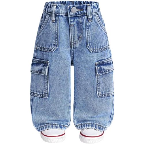 Toddler Boys Cargo Denim Pants Elastic Waist Straight Wide Leg Baggy Jeans Casual Loose Kids Clothes for 6M-3Y