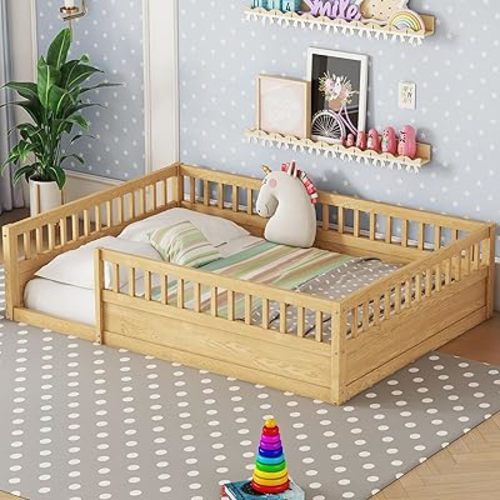 Full Size Floor Bed with High Fence, Kids Montessori Bed for Kids, Girls, Boys, Easy Assemble Montessori Floor Beds, Full Size Floor Bed Frame, Natural