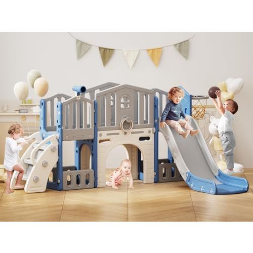 8 in 1 Toddler Slide Set, Kids Slide for Toddlers Age 1-3, Toddler Climber Slide PlaySet with Basketball Hoop and Ball, Outdoor Indoor Kids Playground for Toddlers 1-3, Blue Grey