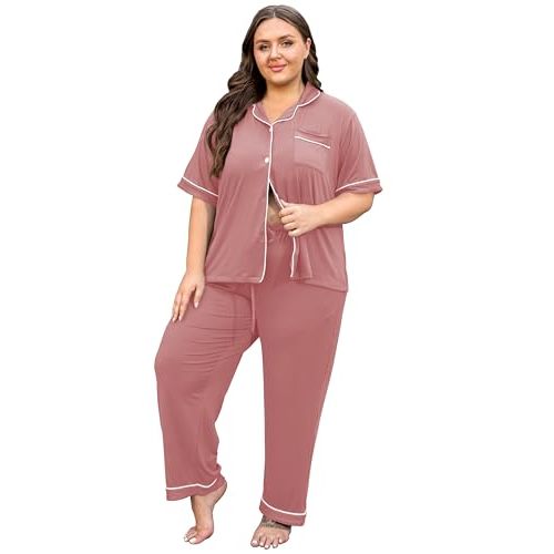 Vozanet Women's Plus Size Pajamas Button Down Shirt and Pants Soft Lounge Sets Bride Nighty Bottom with Pockets 1x to 5x