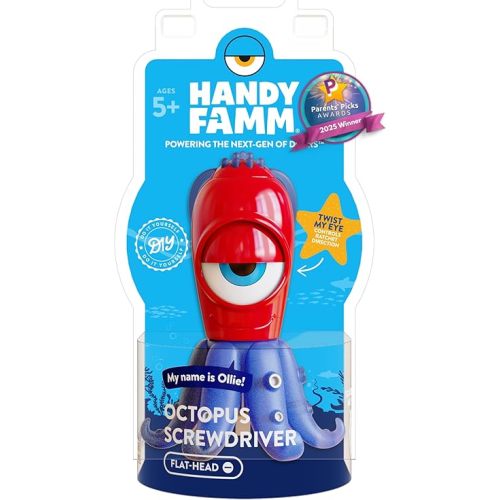 Handy Famm Ollie the Octopus Flathead Screwdriver, Kid Safe STEM DIY Tool with Stabilizer Legs, Real Flat Head Screwdrivers for Kids 5 and Up