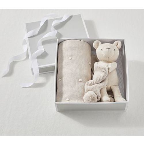 Cotton Sweater Knit Baby Blanket And Bear Thumbie Set, Taupe