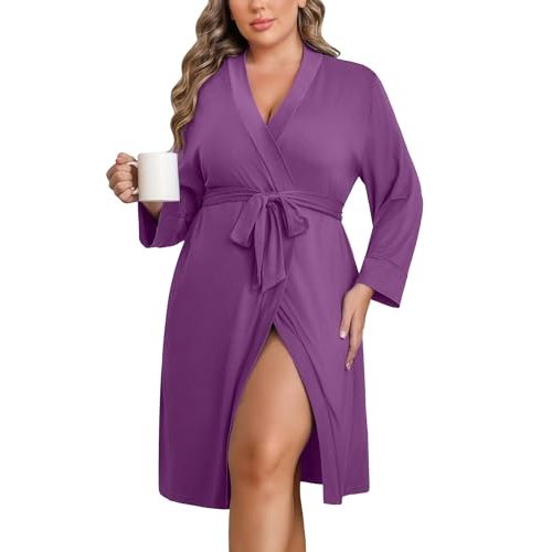 Ekouaer Women Plus Size Robe Knee Length Lightweight Bathrobe Short Kimono Robes with Pockets Maternity Robe 1X-5X