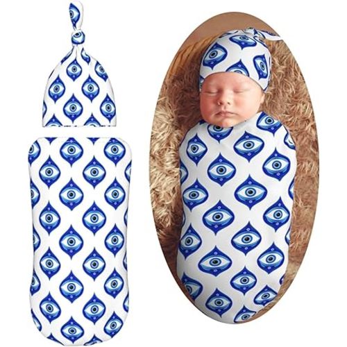Evil Eye Blue Newborn Swaddle Blankets Hat Sets Soft Baby Receiving Blanket Swaddle Sack for Baby Shower Infant Boy Girl Gift