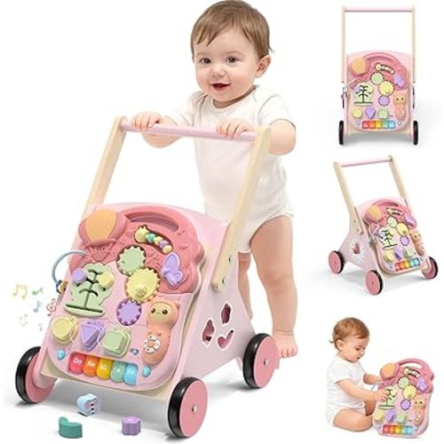 2 in 1 Wooden Baby Walker and Activity Center for Girls Boys Sit-to-Stand Learning Toy Kids Montessori Educational Push Toys with Music Detachable Busy Keyboard for Toddlers
