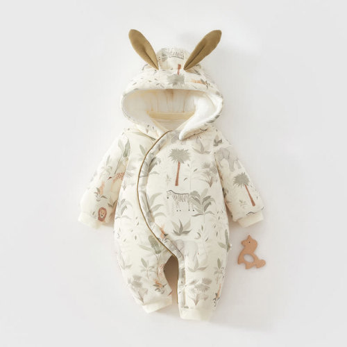 Baby Animal Fleece Lined Quilted Hooded Romper
