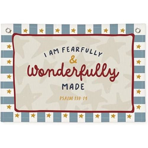 Wheatwin Fearfully And Wonderfully Made Nursery Wall Decor, Vintage Kids Room Playroom Bible Verse Christian Wall Hanging Banner, Canvas Decoration for Classroom, Nursery Kids Room