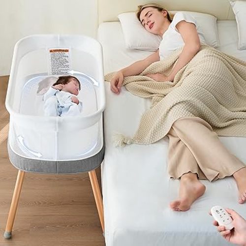 Automatic Rocking Bassinet, Electric Baby Bassinet with 3 Speeds, Self-Rocking Sleeper Soothing White Noise, Electric Bedside Crib for Infants 0-6 Months, Grey