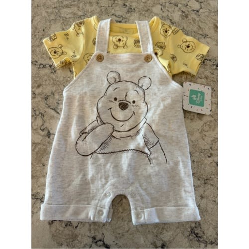 Disney Winnie the Pooh Baby Yellow Bodysuit with Grey Overall Set