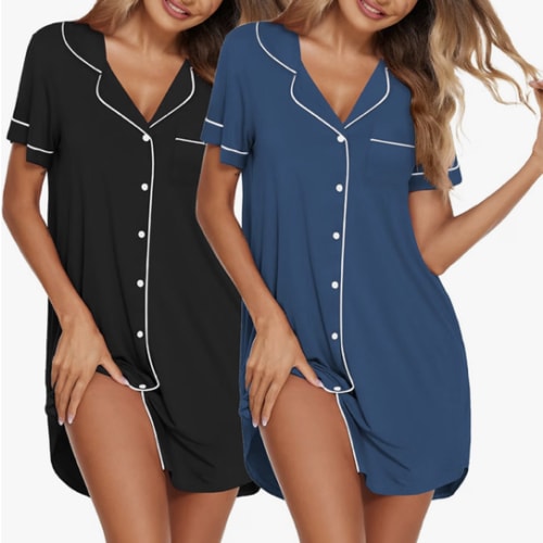 Ekouaer Nightgowns for Women 2 Pack Button Down Sleepwear Soft Sleepshirts
