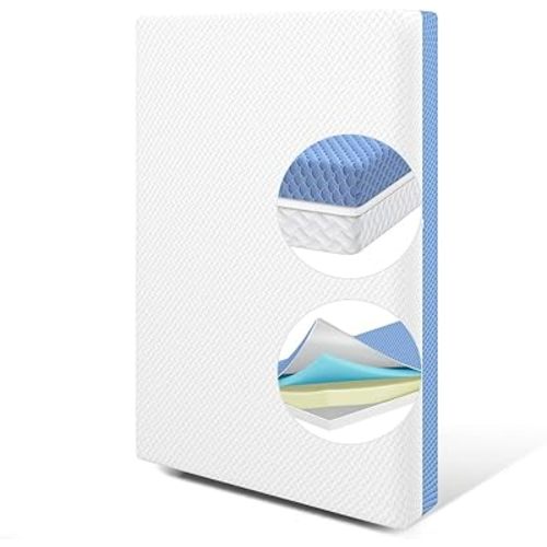 3“x26“x38“ Mini Mattress, Glue Free, 2 Independent Foam Layers for 2-Stage Use, Water-Proof, Detachable and Washable Cover, Pure White & Blue