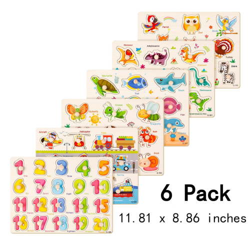 Armscye 6 Pack Wooden Peg Puzzles for Toddlers, 11.81 x 8.86 inch Preschool Educational Learning Wooden Puzzles Ages 1 4 - Animals, Dinosaurs, Ocean, Vehicles, Insects, Numbers