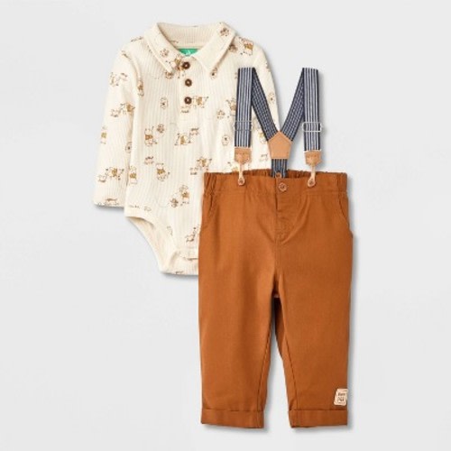 Baby Boys' 2pc Disney Winnie the Pooh Long Sleeve Bodysuit & Pants Suspender Set - Brown 0-3M