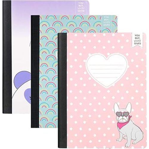 Yoobi 1-Subject 7.5 x 9.75 Composition Notebook Set – 3 Pack of Kids College Ruled & Wide Ruled Notebooks, Variety of Cute Designs – 100 Sheets Each, Great for School & Office