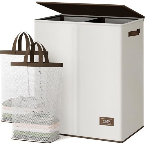 SOLEDI Luxury Double Laundry Hamper with Lid and Removable Bags, Large Hamper for Laundry, Laundry Basket 2 Sections, Collapsible Ditry Clothes Hamper for Bedroom, Laundry Room, Bathroom, Off-white