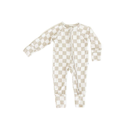 Tan Checker | Bamboo Zip Romper by Brixton Phoenix – Avery and Everett 0-3M & 6-12M